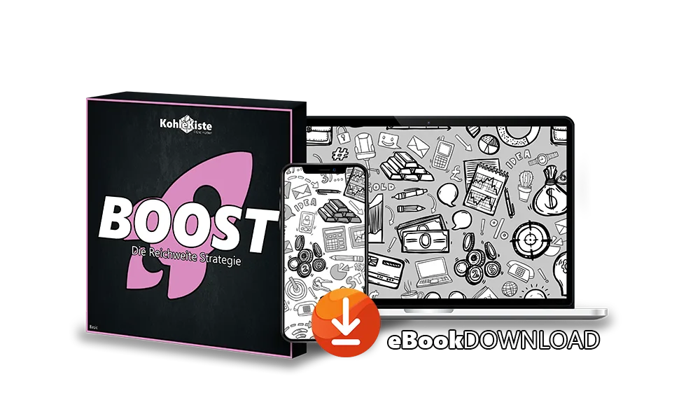 Boost LP Download E-Book Cover und Laptop-Mockup mit Grafikenmuster