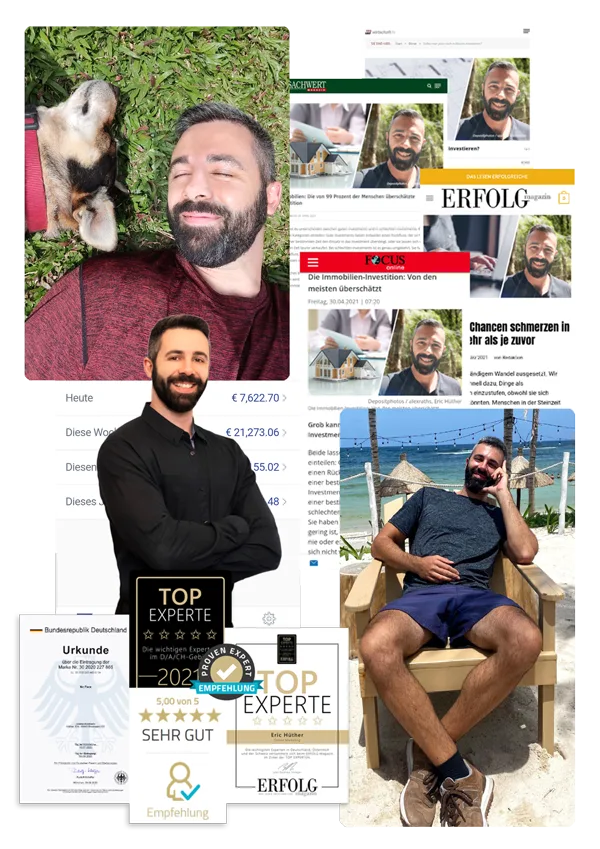 Zusammenstellung: Eric Hüther mit Hund, in verschiedenen Szenen, Webseite, Zeitungsartikel und Zertifikate