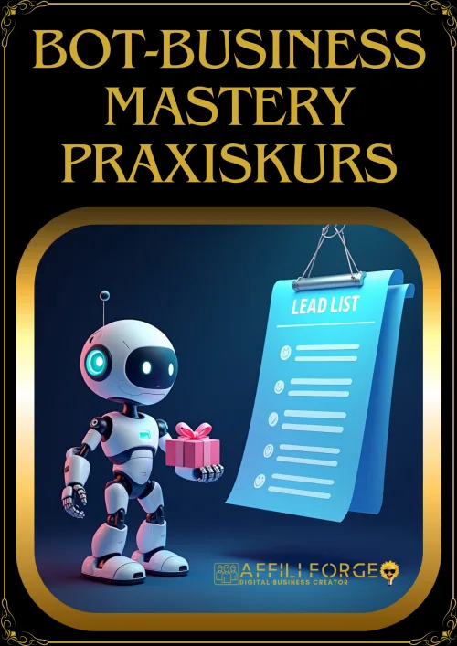 Bot-Business Mastery Praxiskurs Cover mit goldenem Rahmen, schwarzem Hintergrund, Roboter und Lead-List
