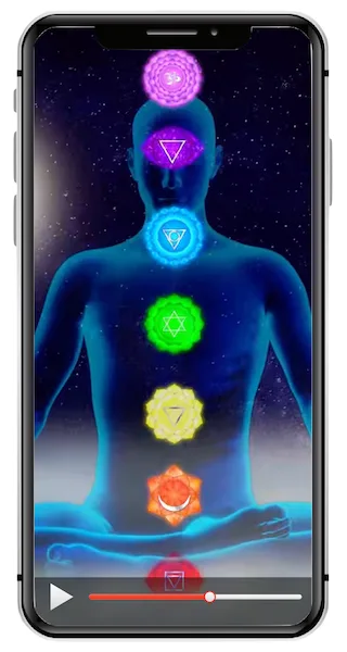 Chakren-Illustration mit farbigen Energie-Symbolen auf menschlichem Körper, Video-Player