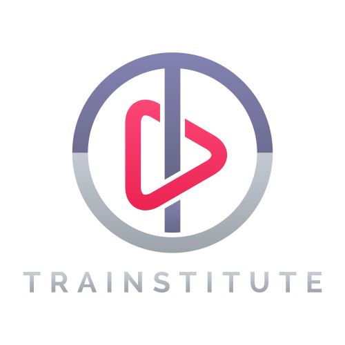 Logo von Trainstitute mit Play-Symbol, blau-grau-rosa Farbschema