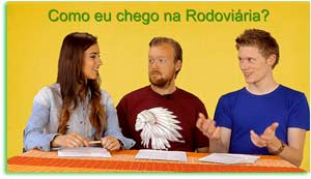 Videostandbild aus Brasilianisch-Kurs mit drei Personen, Frage zur Bushaltestelle