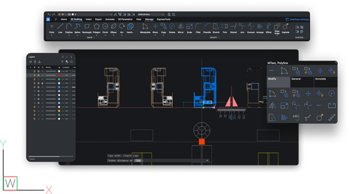 BricsCAD 2D Benutzeroberfläche mit Architektur-Grundrissen und Werkzeugleiste