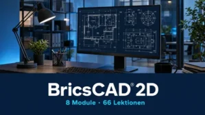 Monitor mit BricsCAD 2D Zeichnungen in Büroumgebung mit Text