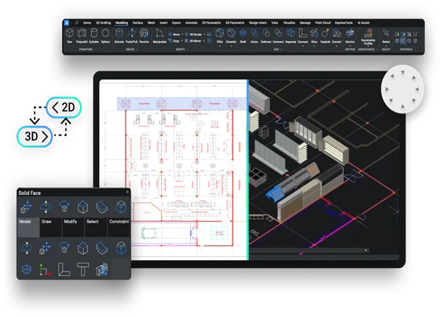 BricsCAD 2D Benutzeroberfläche mit Toolbar, Zeichnungsansicht und 3D-Modellierungsfenster