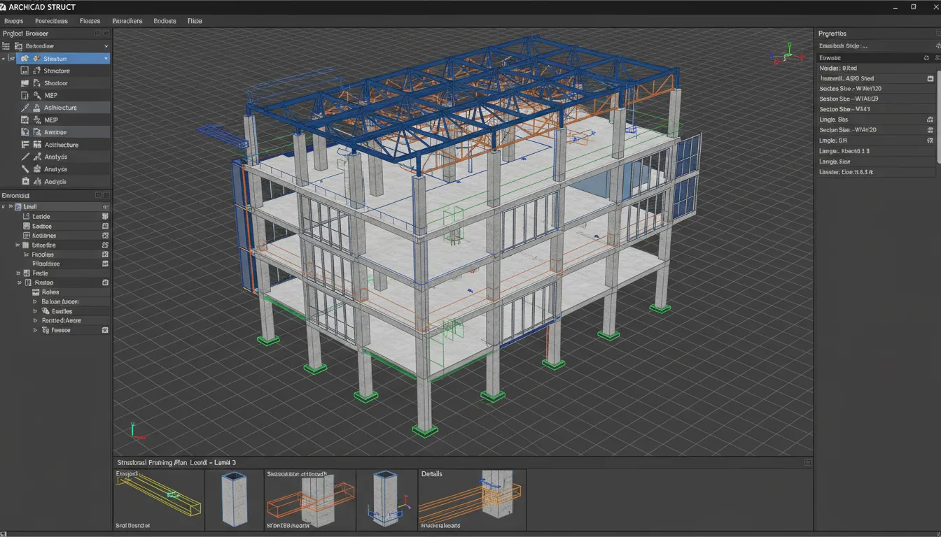 BricsCAD STRUCT 3D-Gebäudemodell mit Stahlkonstruktion, Decken und Stützen