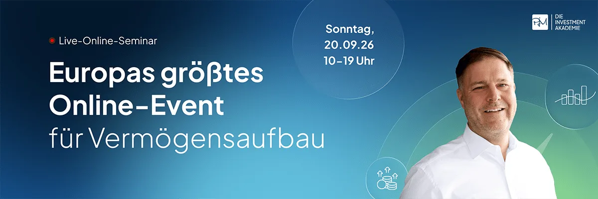 Banner für Live-Online-Seminar der Investment Akademie am 20. September 2026 mit Mann im weißen Hemd
