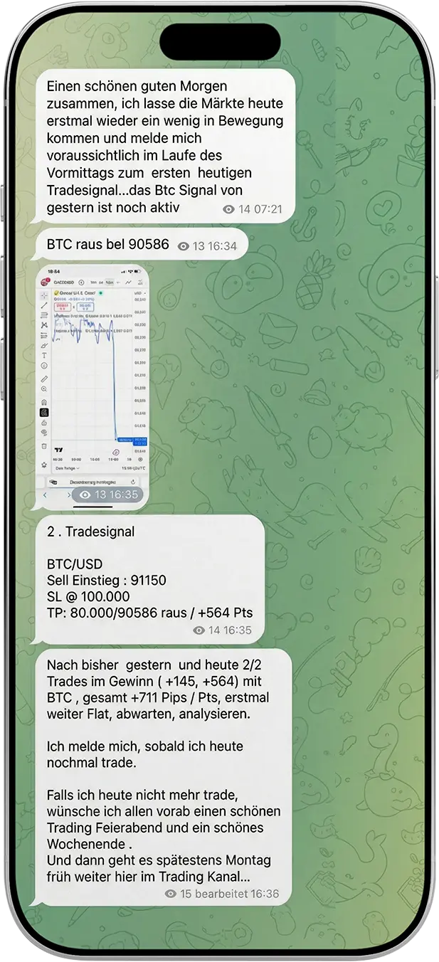 Smartphone mit Telegram-Nachrichten zu BTC/USD Daytrading Signalen, Kursbewegungen und Handelsdetails auf grünem Hintergrund