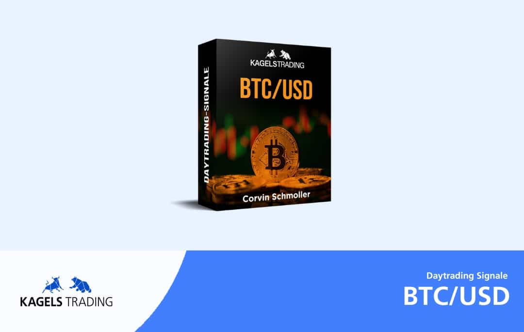 Bitcoin Daytrading Signale Produktbox von Kagels Trading mit goldener BTC-Münze und Kerzendiagramm