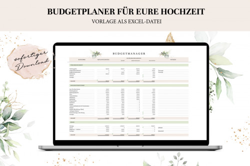 Budgetplaner Hochzeit Excel-Vorlage auf Laptop mit floralem Dekorationselement