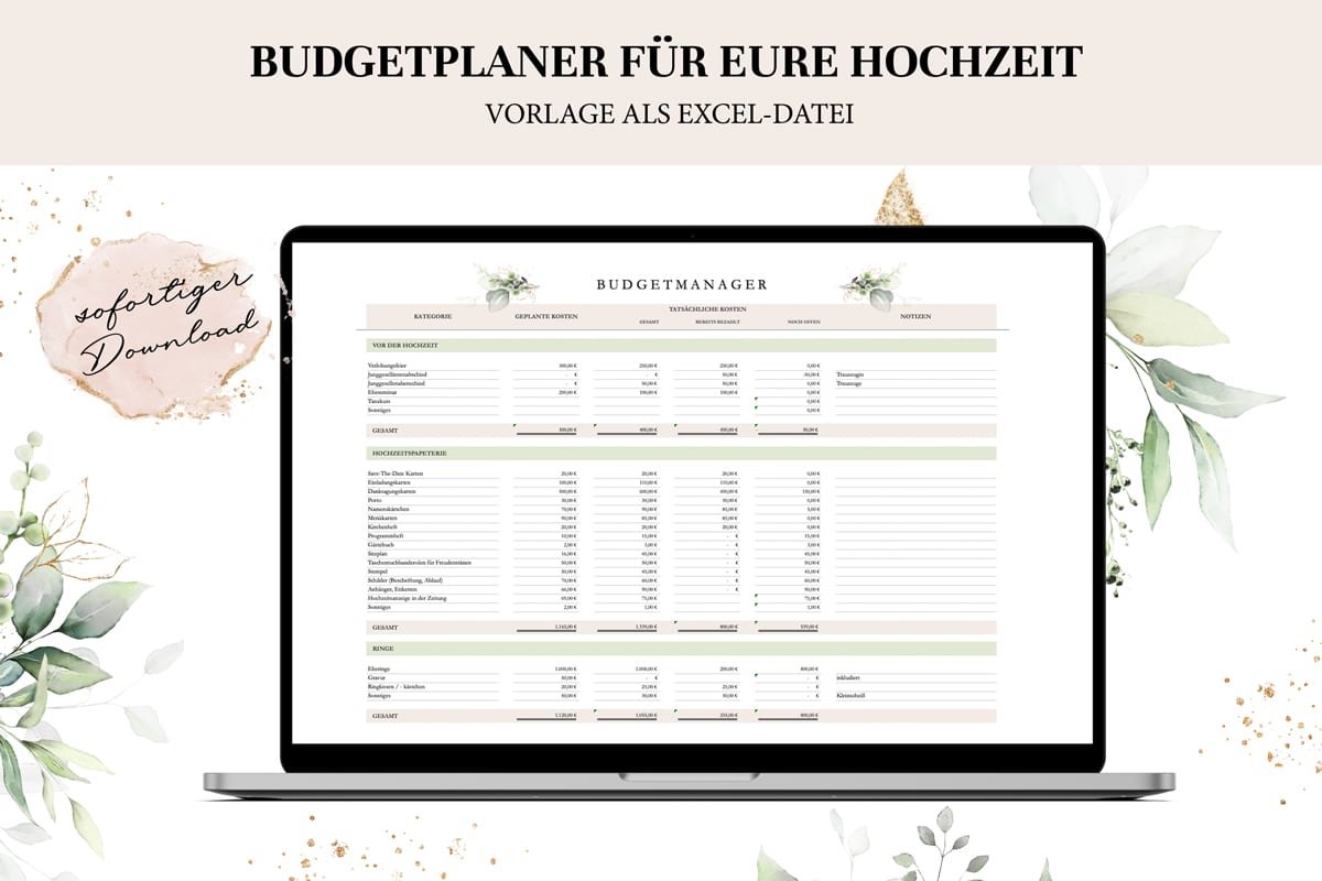 Budgetplaner Hochzeit Excel-Vorlage auf Laptop-Bildschirm mit floralem Design