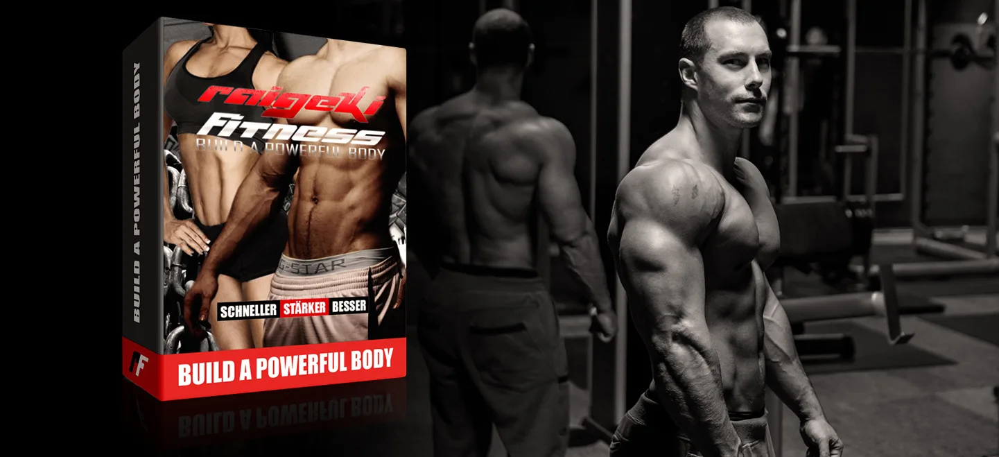 Produktabbildung Build a Powerful Body mit Muskelaufbau-Cover und Gym-Szenen