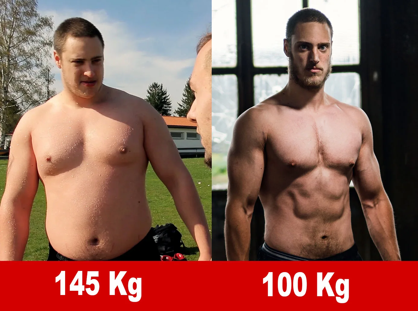 Vorher-Nachher-Transformation: Mann von 145 kg zu 100 kg mit extremem Muskelaufbau