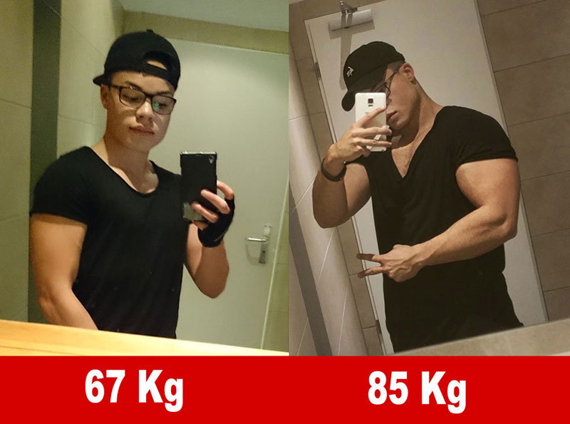 Vorher-Nachher-Transformation: Mann von 67 kg zu 85 kg Körpergewicht