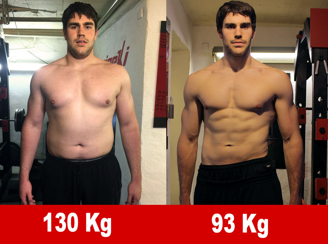 Vorher-Nachher-Transformation: Mann von 130 kg zu 93 kg mit Körperdefinition