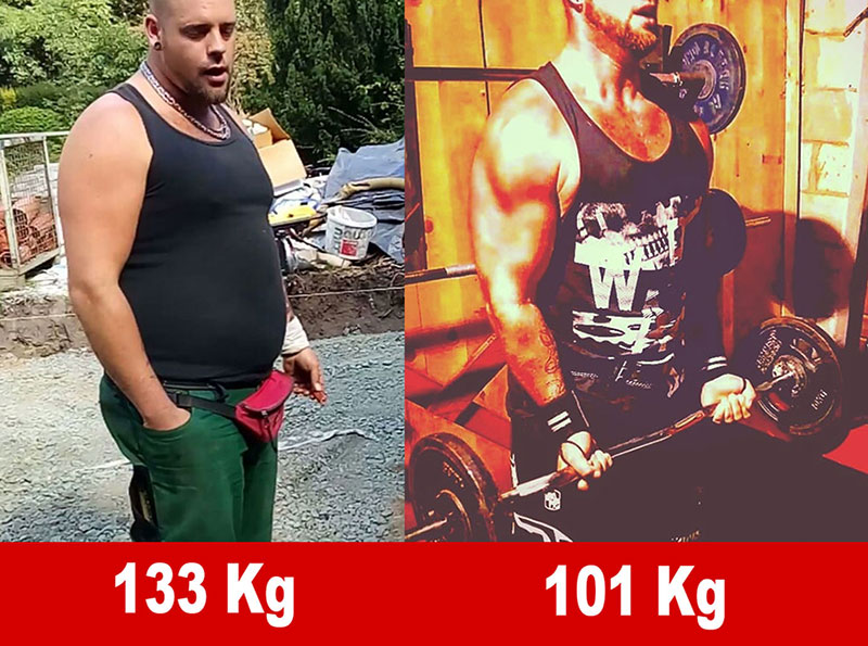 Vorher-Nachher-Transformation: Mann von 133 kg zu 101 kg mit Muskelaufbau