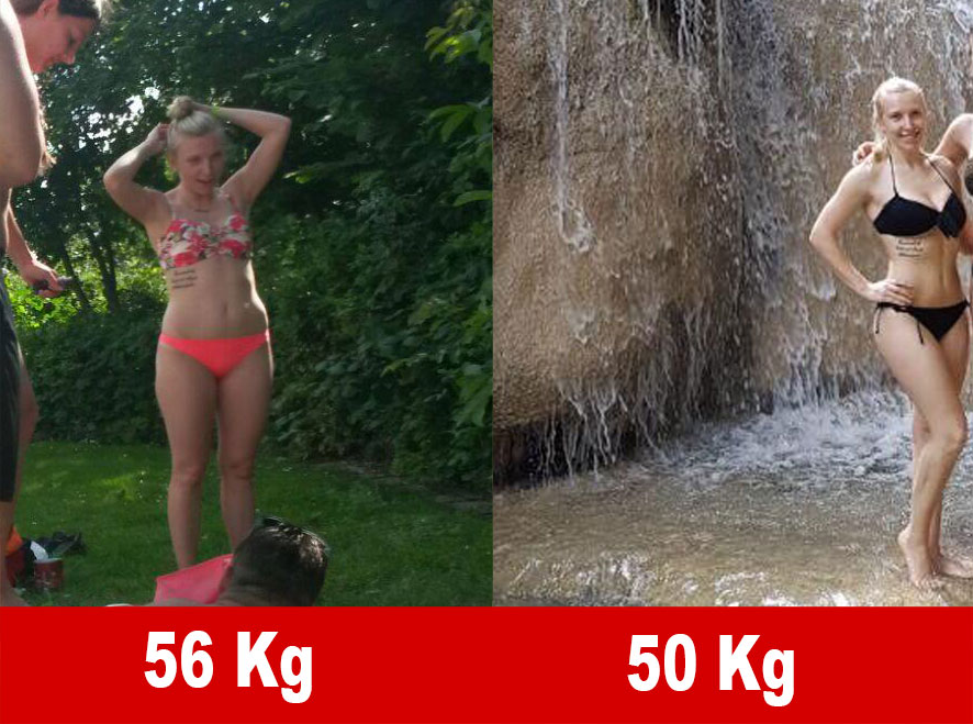 Vorher-Nachher-Transformation: Frau von 56 kg zu 50 kg mit Körperstraffung