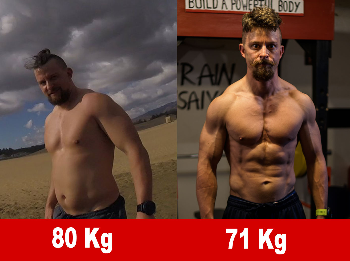 Vorher-Nachher-Transformation: Mann von 80 kg zu 71 kg mit Muskeldefinition