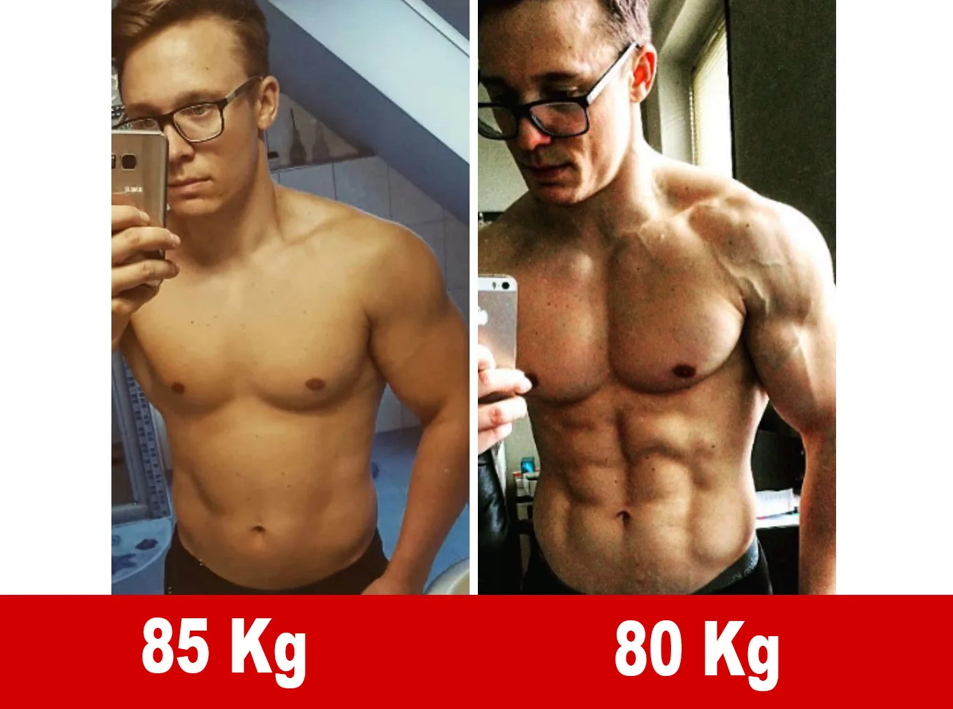 Vorher-Nachher-Transformation: Mann von 85 kg zu 80 kg mit verbesserter Muskeldefinition