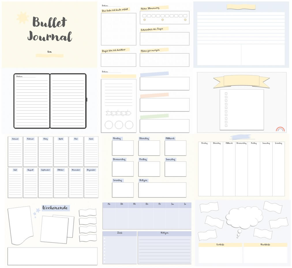 Sammlung verschiedener Bullet Journal Template-Designs mit Monatsplanern und Wochenplanern