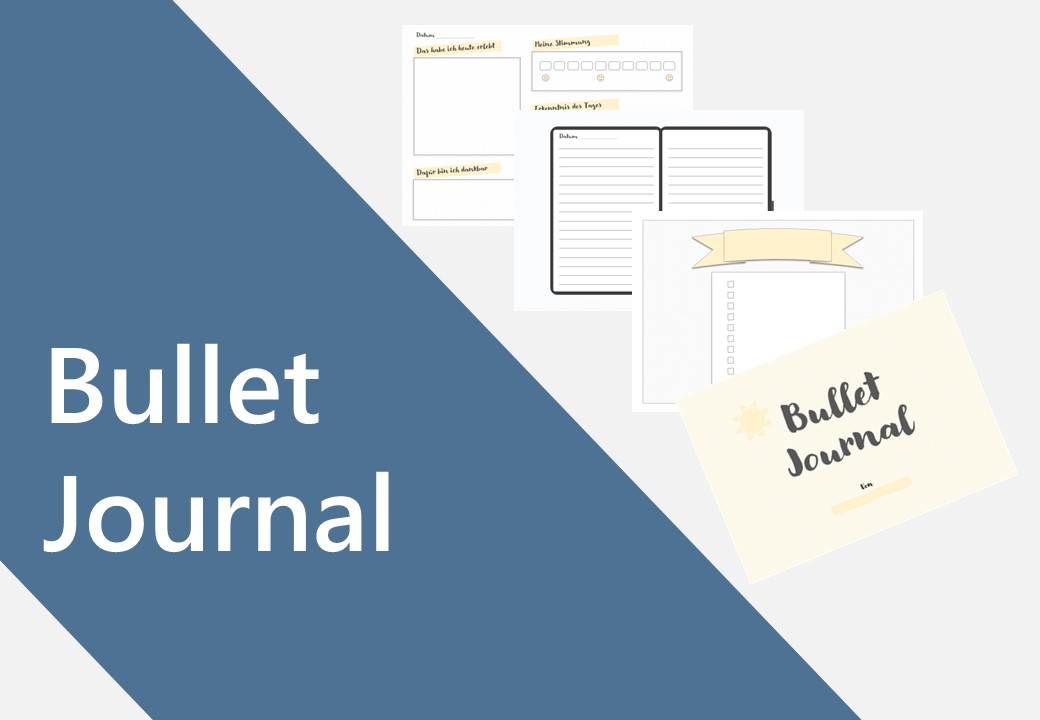 Bullet Journal Vorlage mit blauem Designelement und verschiedenen Vorlagen-Layouts