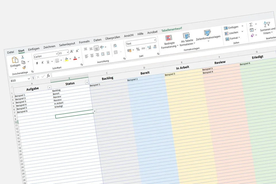 Excel-Tabelle mit farbigen Status-Feldern und Projekt-Management-Struktur