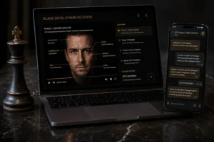 Mockup mit Laptop und Smartphone zeigt Black Level Communication Kurs mit Gesichtsanalyse und VIP-Support-Chat
