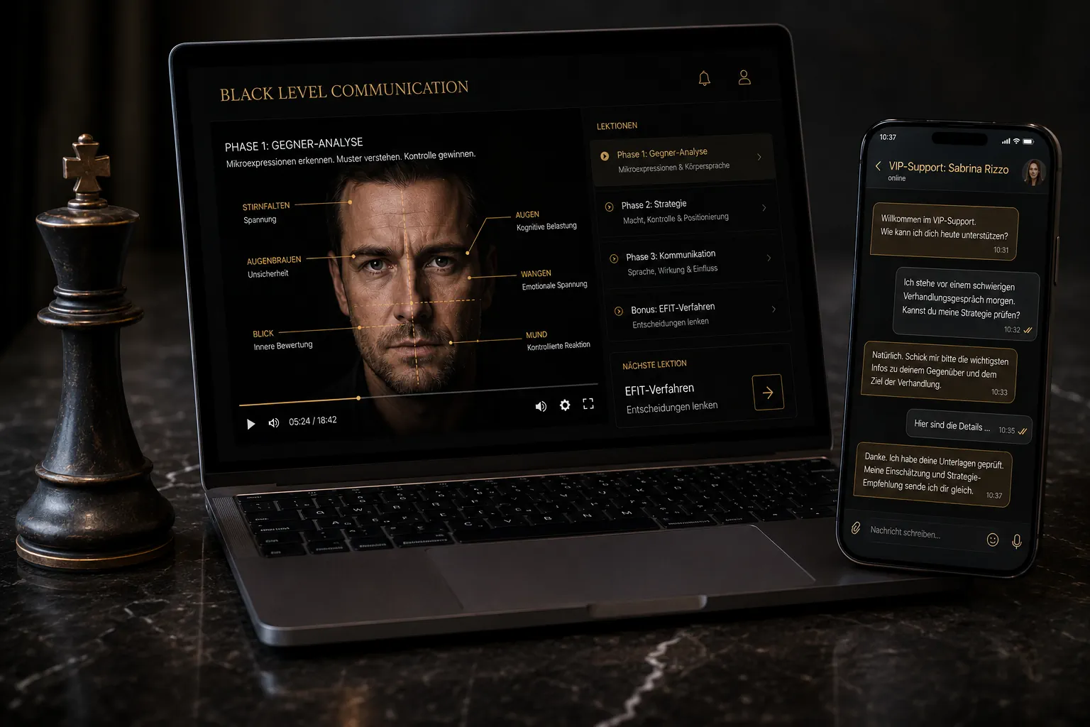 Mockup mit Laptop und Smartphone zeigt Black Level Communication Kurs mit Gesichtsanalyse und VIP-Support-Chat