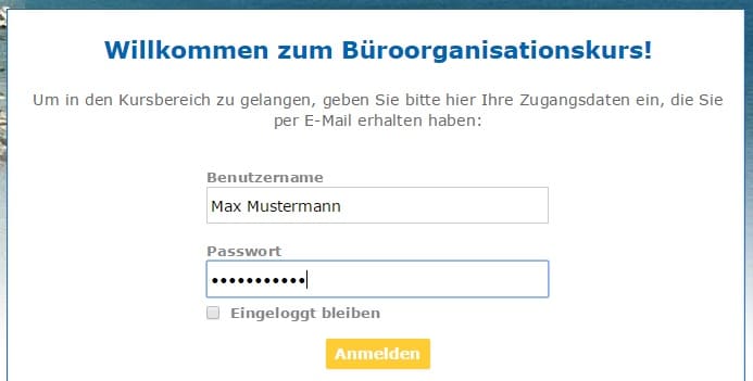 Login-Bildschirm des Büroorganisationskurs mit Feldern für Benutzername und Passwort