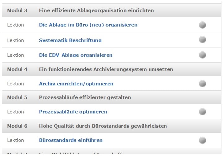 Kursmodule 3-6 mit Lektionen zur Ablageorganisation, Archivierungssystem und Bürostandards