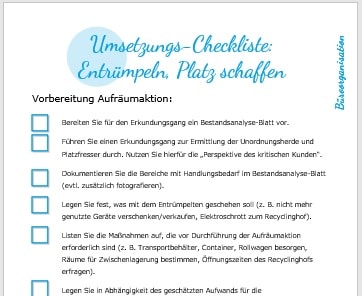 Umsetzungs-Checkliste zum Thema Entrümpeln und Platz schaffen mit Kontrollkästchen