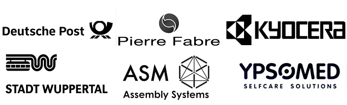 Logos von Referenzkunden: Deutsche Post, Pierre Fabre, Kyocera, Stadt Wuppertal, ASM Assembly Systems, YpsoMed
