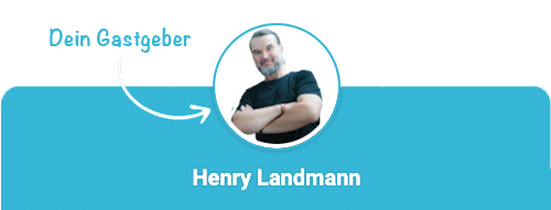 Gastgeber-Teaser mit Portrait von Henry Landmann und Beschriftung auf türkisem Hintergrund
