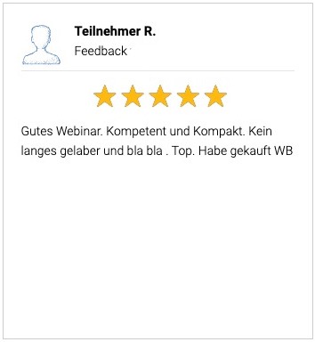 5-Sterne Kundenbewertung von Teilnehmer R. mit Feedback zum Webinar