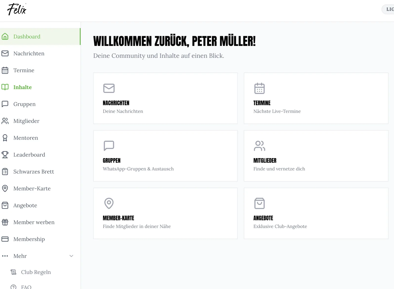 Community Dashboard mit Menü und Funktionskacheln für Nachrichten, Termine und Gruppen