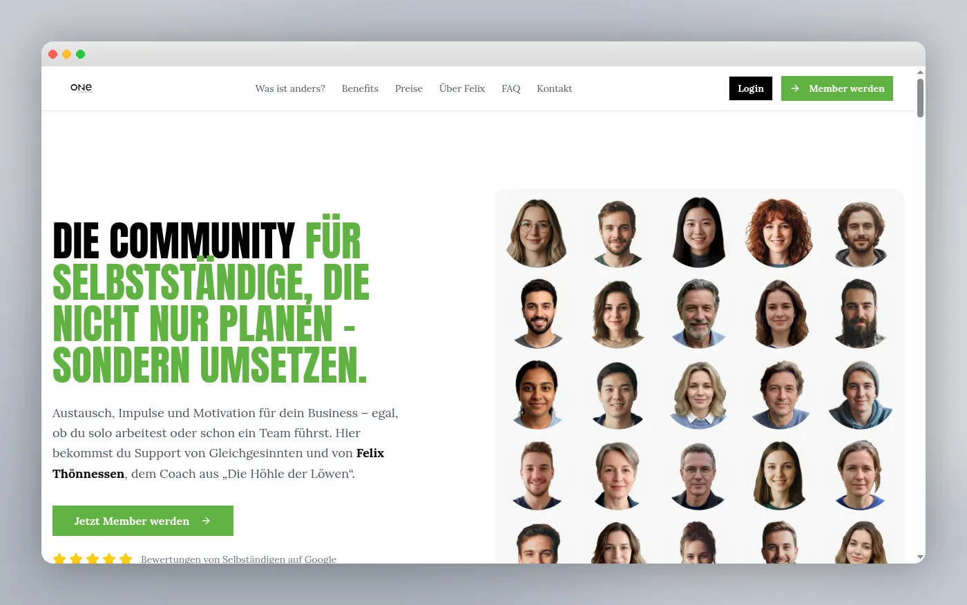 Felix Community Business Club One Startseite mit Navigationsmenü und Community-Mitgliedern