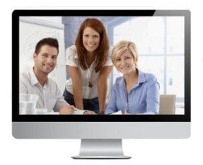 Mockup-Bildschirm zeigt drei Geschäftspersonen in Videokonferenz-Setup