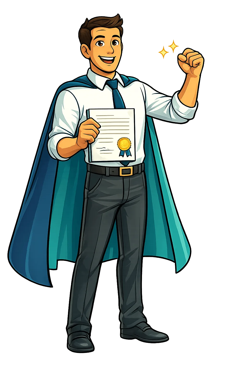 Cartoon-Illustration eines erfolgreichen Geschäftsmanns mit Cape hält Zertifikat und reckt Faust triumphierend