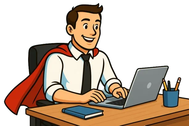 Cartoon-Illustration eines Geschäftsmannes mit rotem Umhang am Laptop