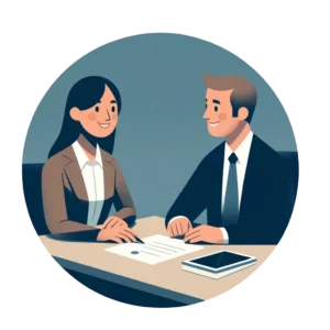Illustration Business Coaching: zwei Profis in Beratungsgespräch an Schreibtisch