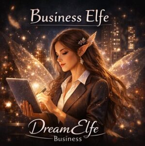 Business Elfe E-Book Cover mit Elfe im Business-Outfit vor glimmernder Stadtkulisse mit Laptop