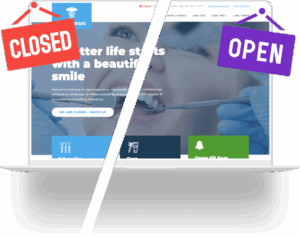 Split-Screen Mockup zeigt CLOSED und OPEN Status mit farbigen Indikatoren auf Website