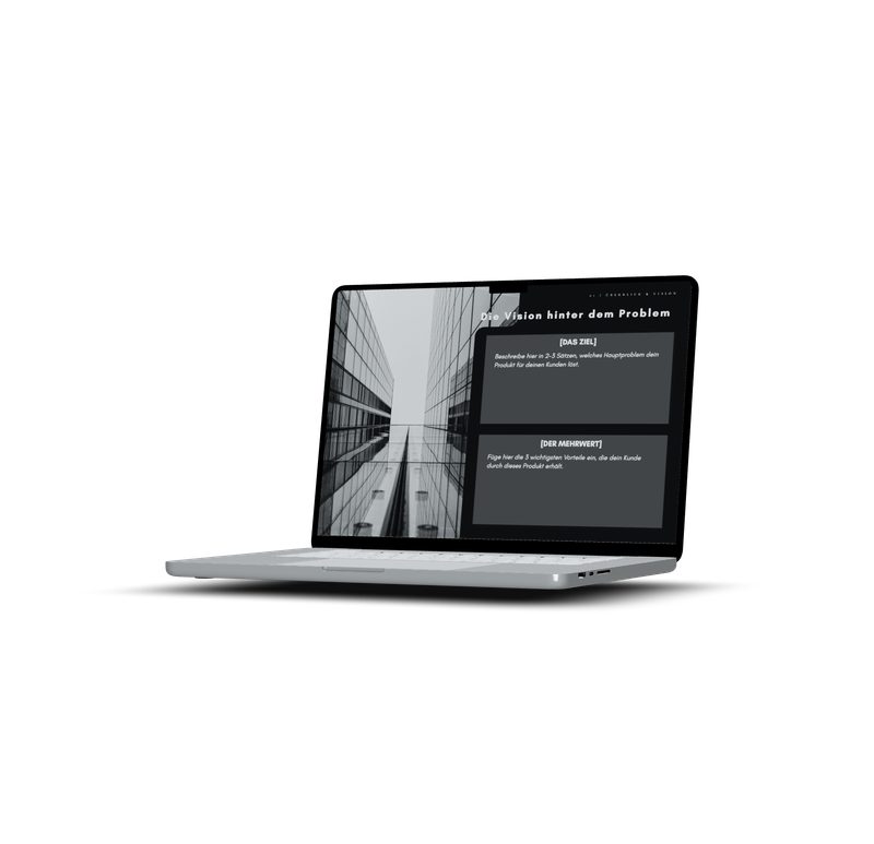 Laptop-Mockup zeigt Business Strategie Planer mit Architektur-Bildmotiv und deutschen Textblöcken