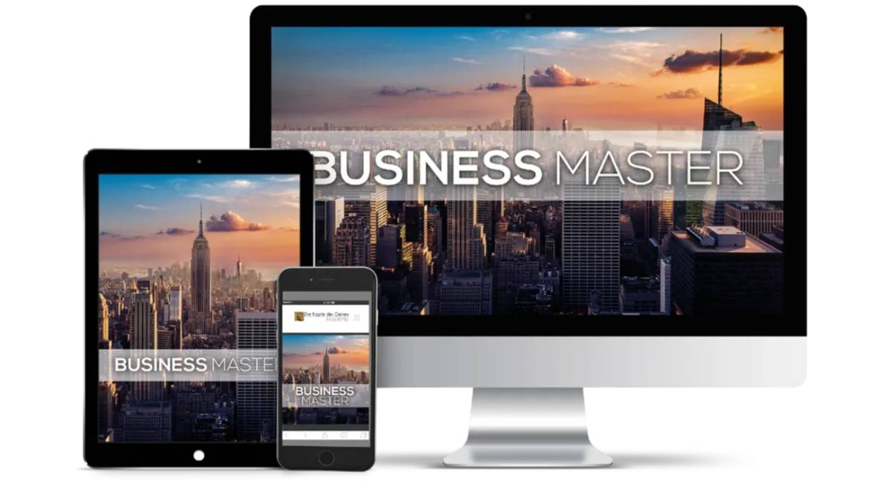Business Master Kurs auf Desktop, Tablet und Smartphone mit Skyline-Hintergrund