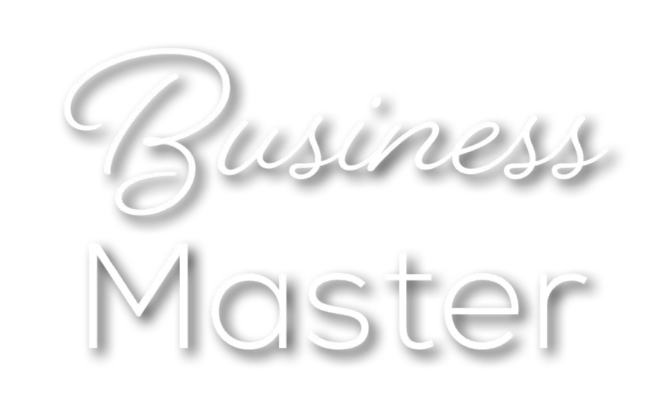 Business Master Schriftzug in weißem 3D-Stil, vertikale Anordnung