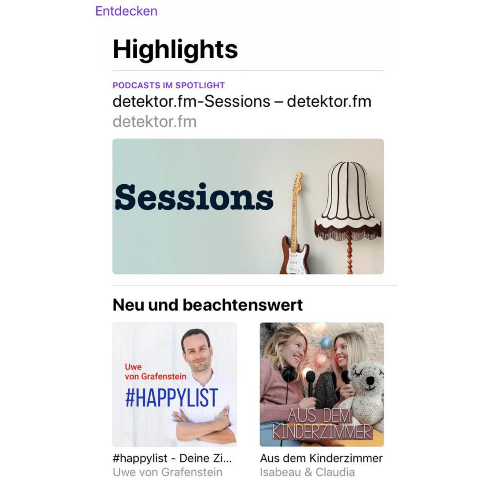 Podcast-Highlights Screenshot mit detektor.fm Sessions und Featured Shows
