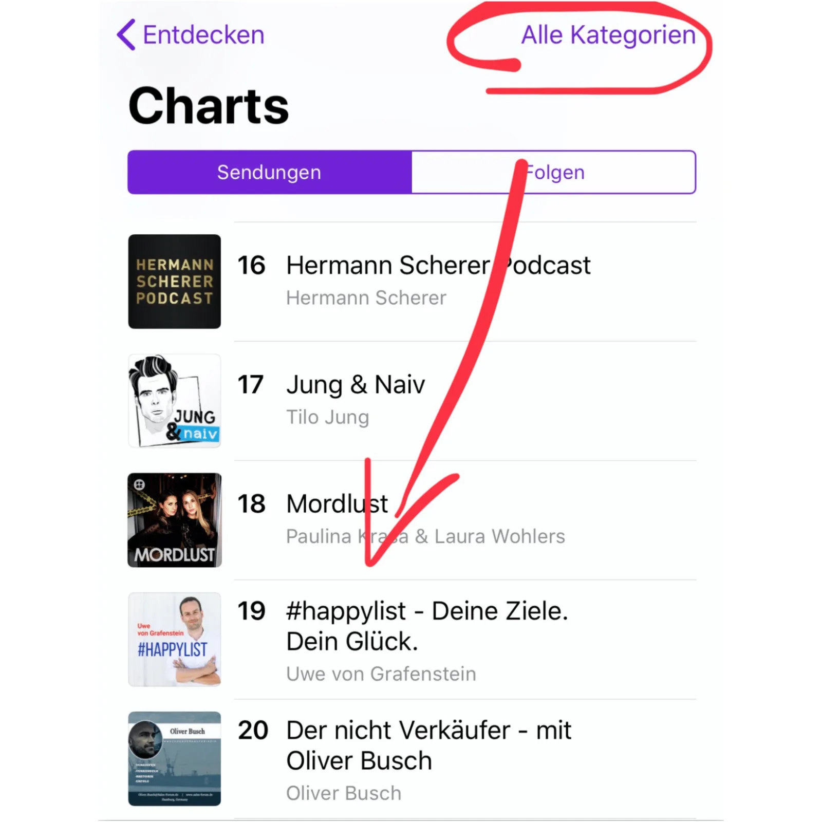Charts-Sendungen Screenshot mit #HAPPYLIST auf Platz 19