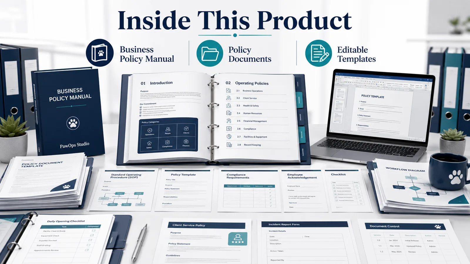 Inside This Product Detailübersicht mit Business Policy Manual, Policy Documents Ordner, editierbaren Templates auf Laptop un