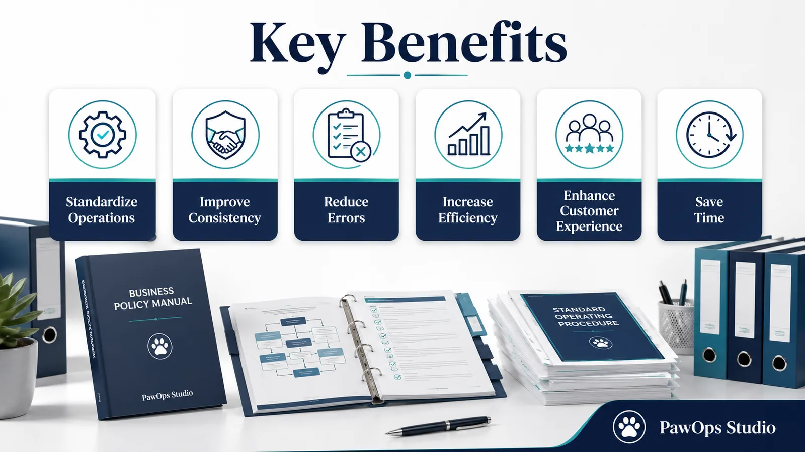 Key Benefits Infografik mit 6 Icons: Standardize Operations, Improve Consistency, Reduce Errors, Increase Efficiency, Enhance