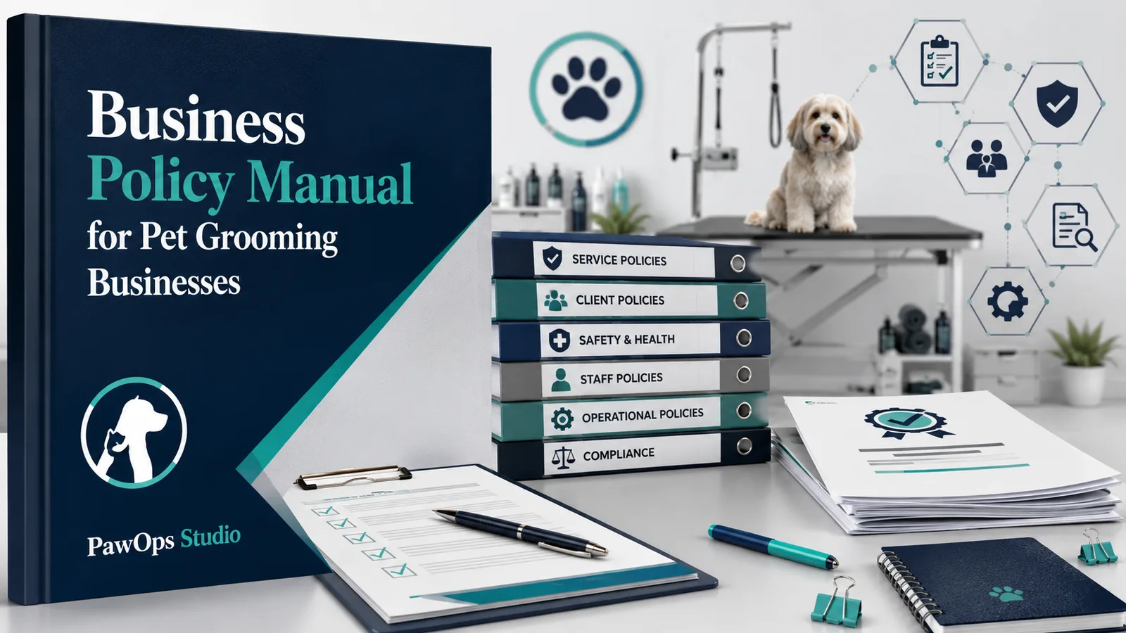 Business Policy Manual for Pet Grooming Businesses Buch-Cover mit Paw Ops Studio Logo, Grooming-Station und Dokumenten-Stack